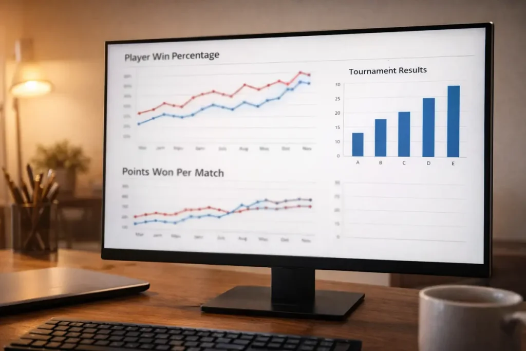 Pantalla de ordenador mostrando gráficos estadísticos de rendimiento en tenis de mesa