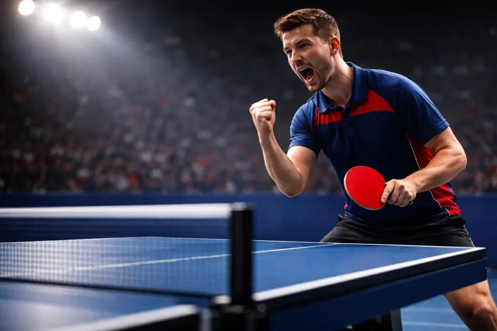 Jugador de tenis de mesa celebrando un punto ganador con el puño en alto