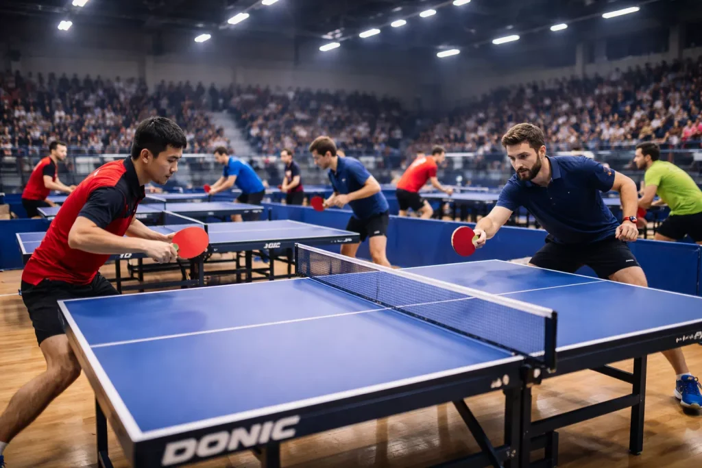 Varias mesas de tenis de mesa en un pabellón deportivo con partidos simultáneos
