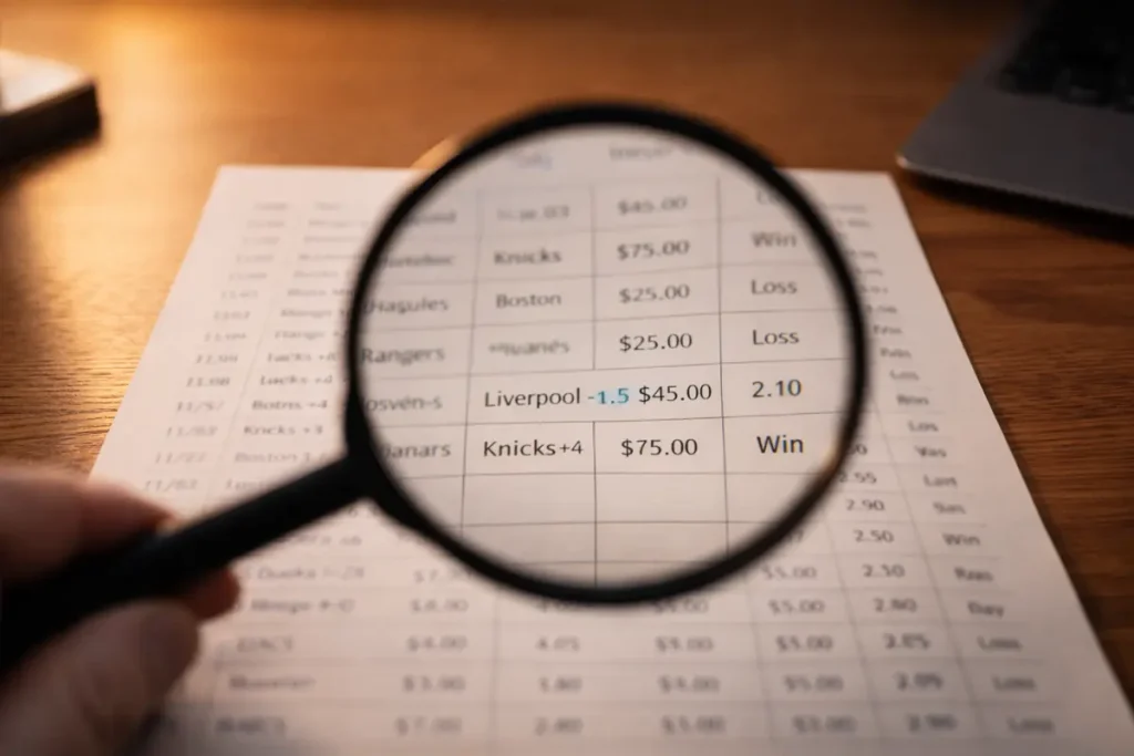 Lupa sobre una lista impresa de cuotas de tenis de mesa