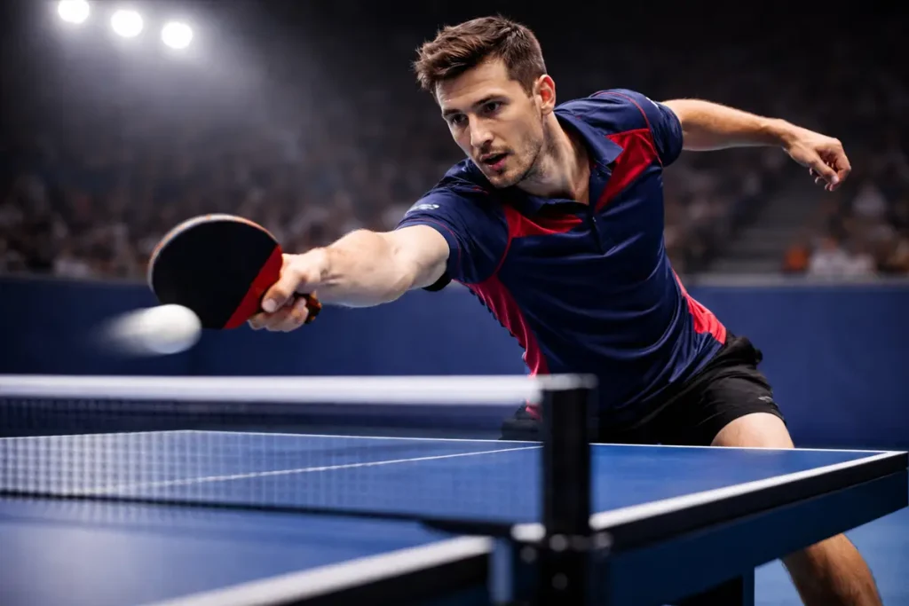 Jugador de tenis de mesa concentrado durante un rally intenso junto a la mesa