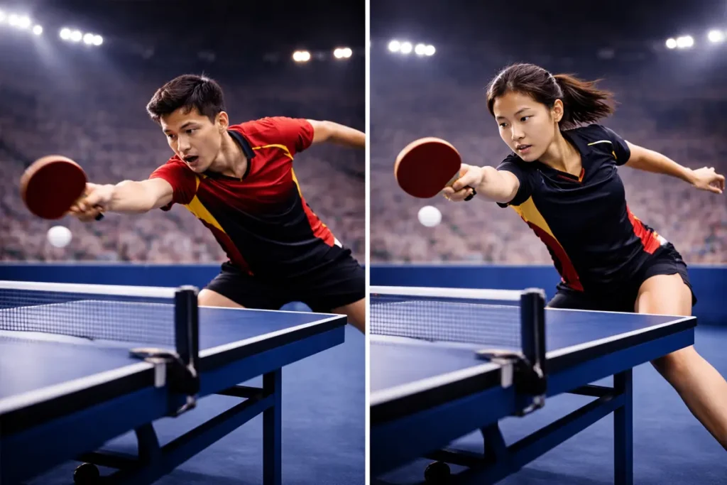 Jugador y jugadora de tenis de mesa compitiendo en mesas contiguas en un torneo