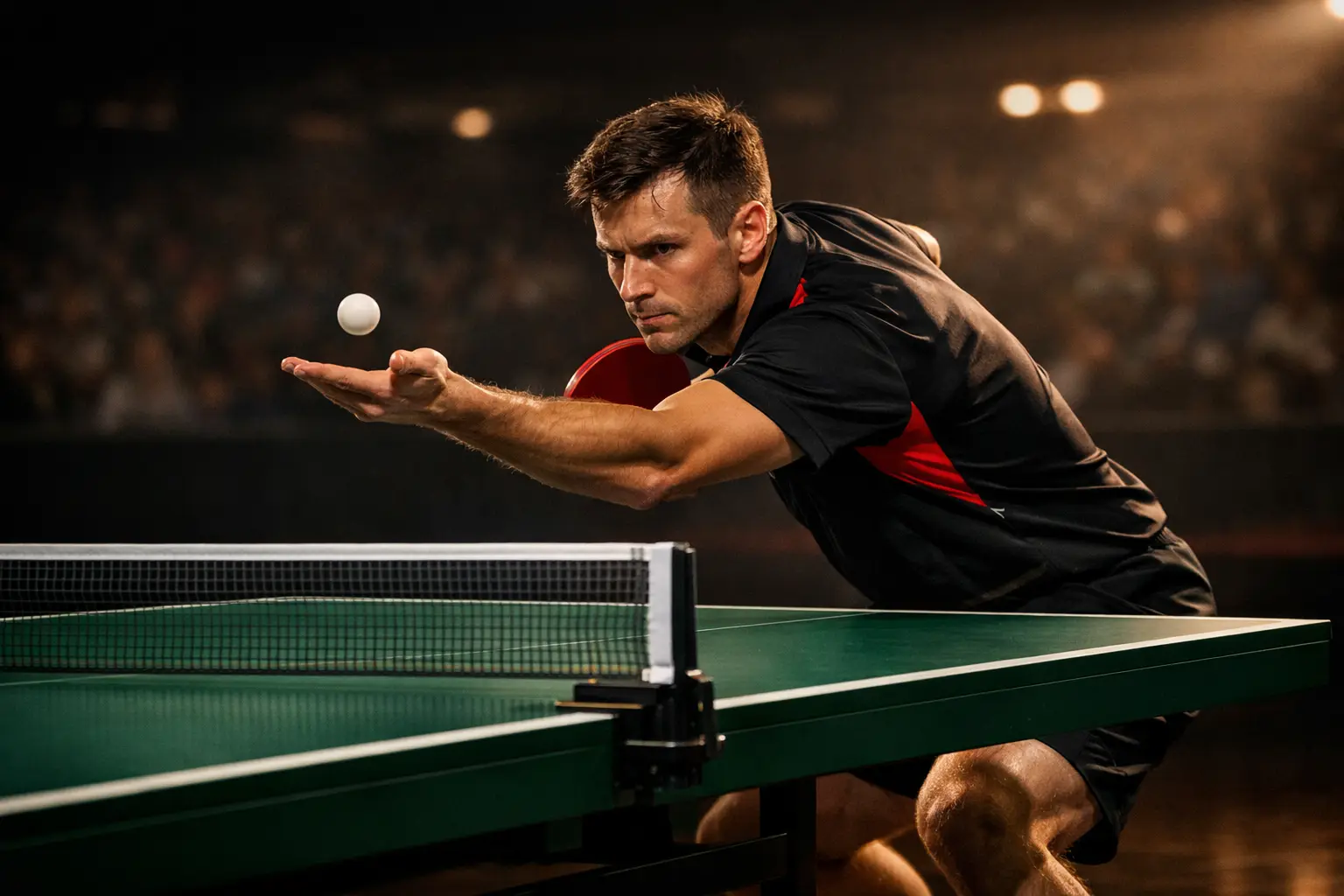 Jugador profesional de tenis de mesa preparándose para el saque en torneo oficial