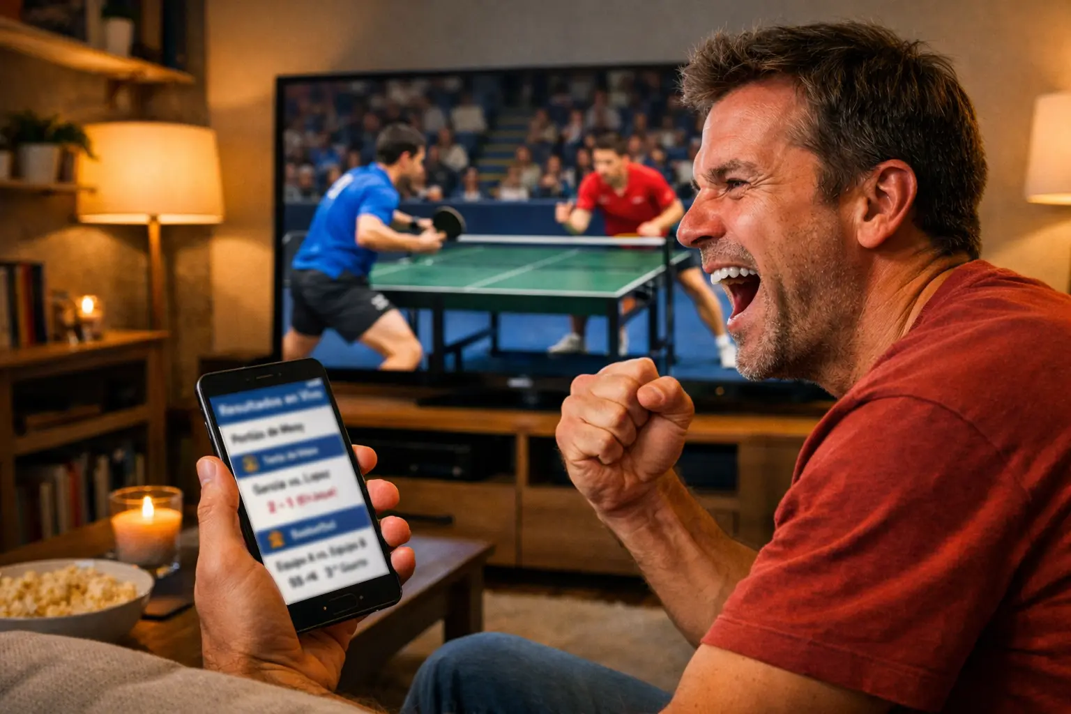 Aficionado viendo partido de tenis de mesa en directo con smartphone