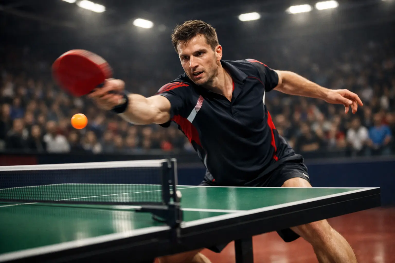 Partido de tenis de mesa en vivo con jugador ejecutando golpe rápido