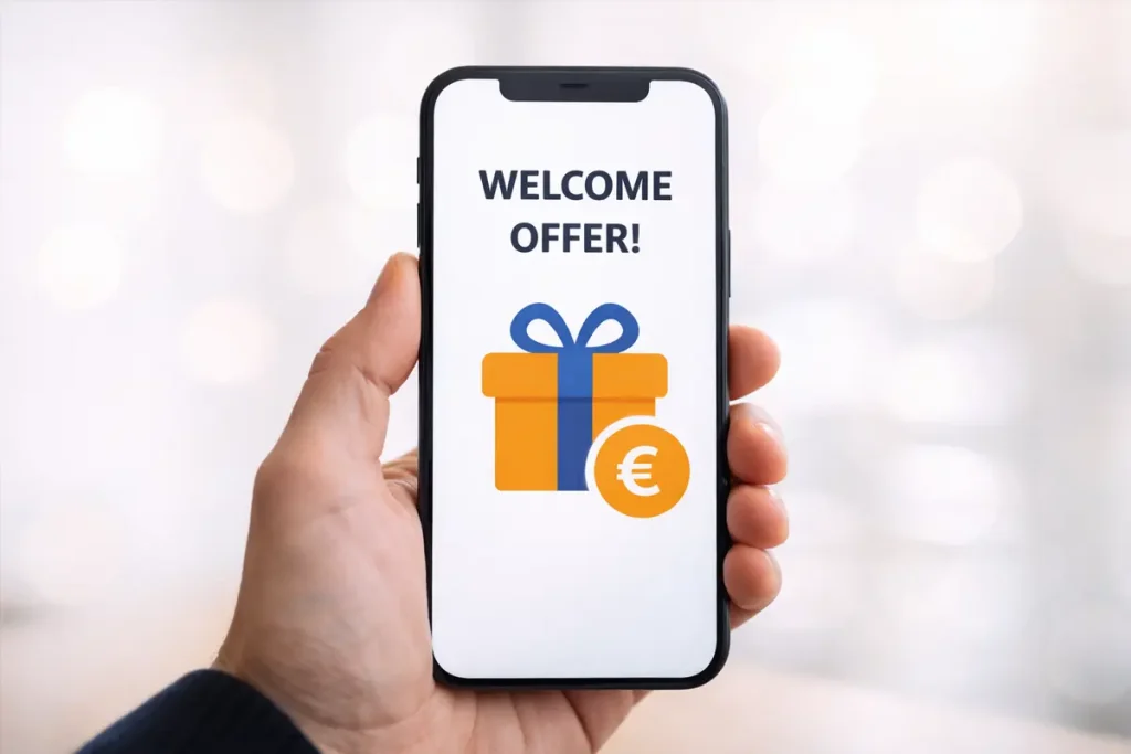 Mano sosteniendo un teléfono con una oferta de bono de bienvenida en la pantalla