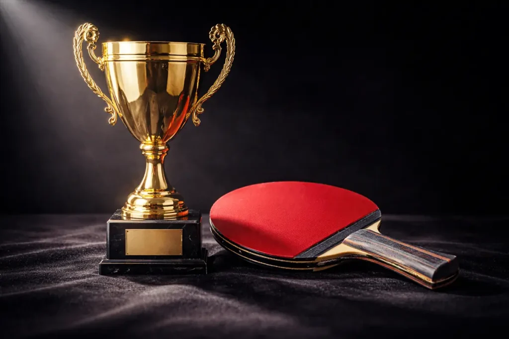Trofeo dorado de campeonato junto a una pala de tenis de mesa sobre fondo oscuro