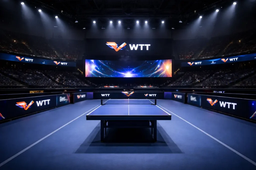 Estadio de tenis de mesa durante un torneo WTT con iluminación profesional