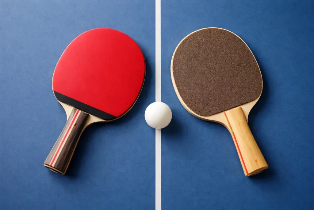 Dos palas de tenis de mesa con gomas diferentes sobre una mesa de competición