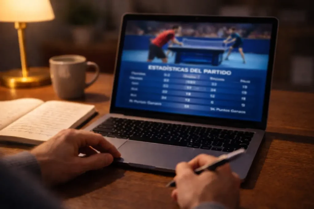 Persona analizando un partido de tenis de mesa en una pantalla con estadísticas