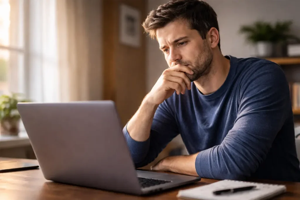 Persona con expresión pensativa frente a un portátil con la mano en la barbilla