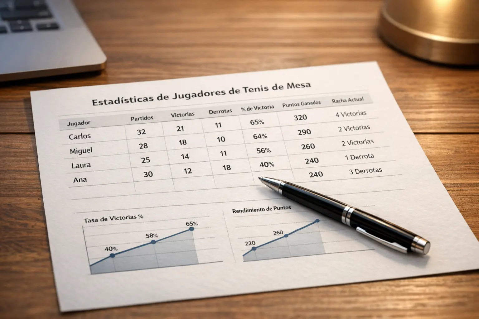 Documento con estad&iacute;sticas y registros de rendimiento de jugadores de tenis de mesa