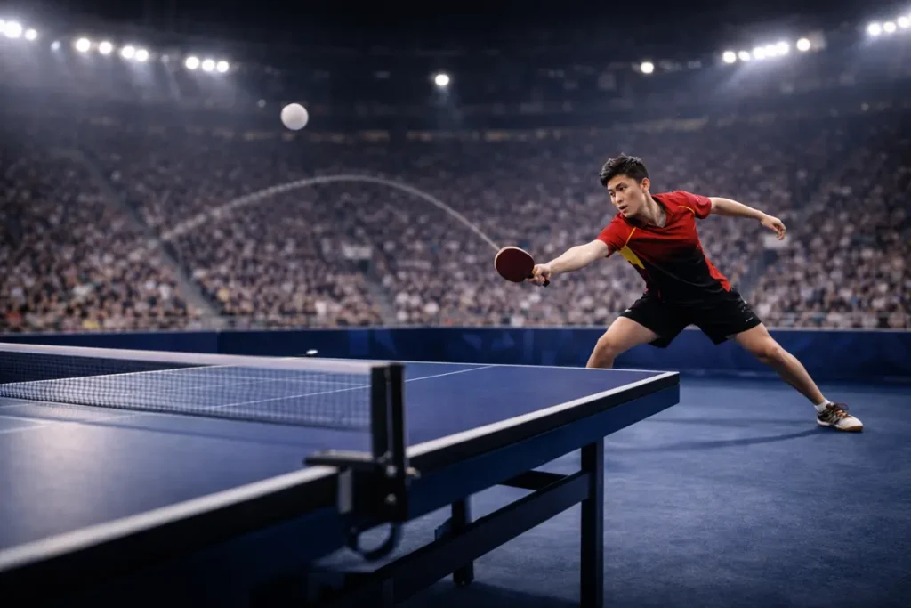 Jugador defensivo de tenis de mesa devolviendo una bola lejos de la mesa con picos