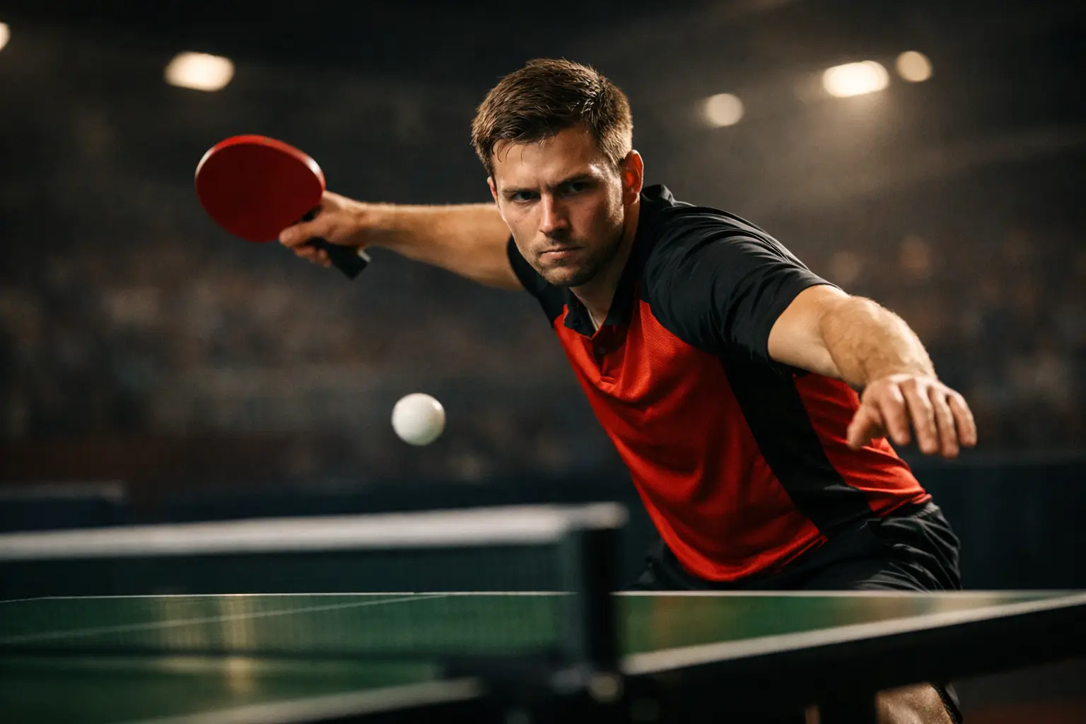 Jugador profesional de tenis de mesa en posición de ataque durante un partido
