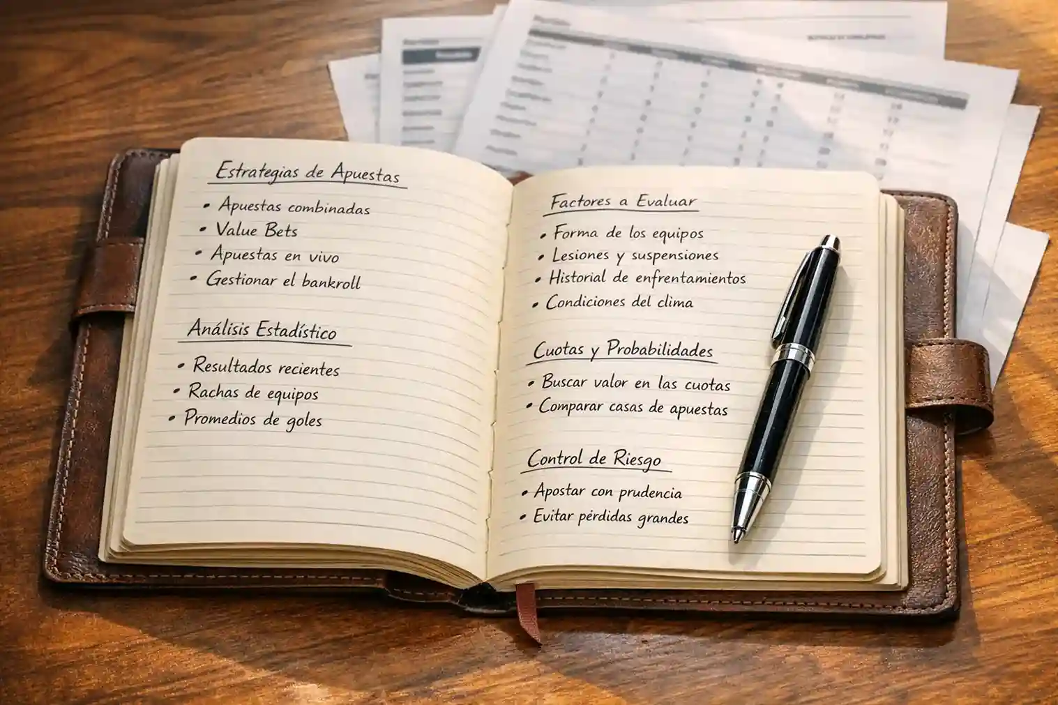 Cuaderno con notas de análisis y bolígrafo sobre fondo de documentos deportivos
