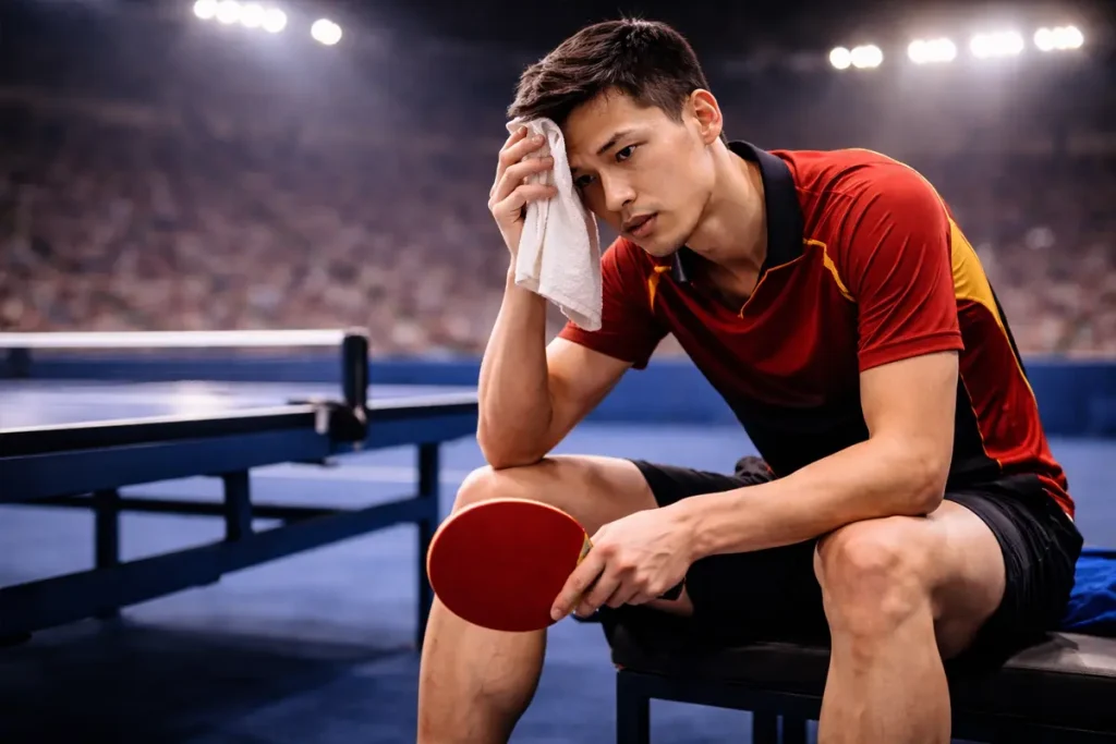 Jugador de tenis de mesa secándose el sudor con una toalla durante un descanso entre sets