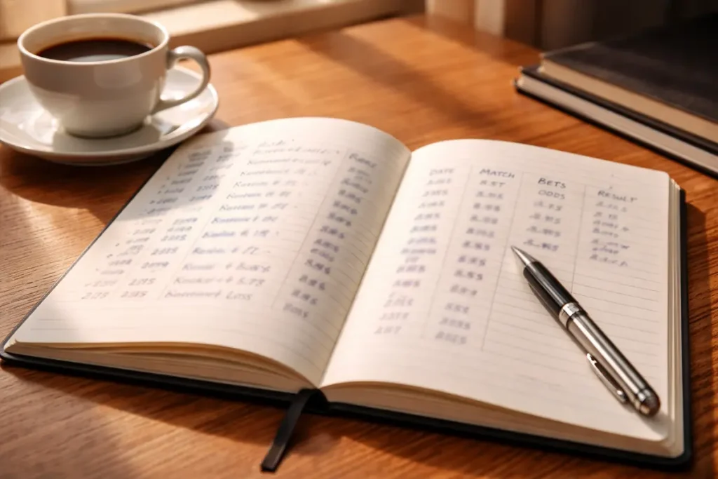 Cuaderno con anotaciones de gestión de apuestas junto a un bolígrafo sobre un escritorio