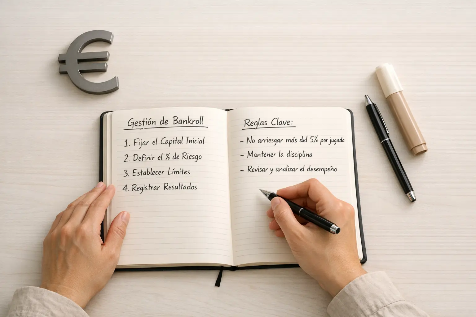 Persona planificando presupuesto de apuestas con notas y s&iacute;mbolo de euro