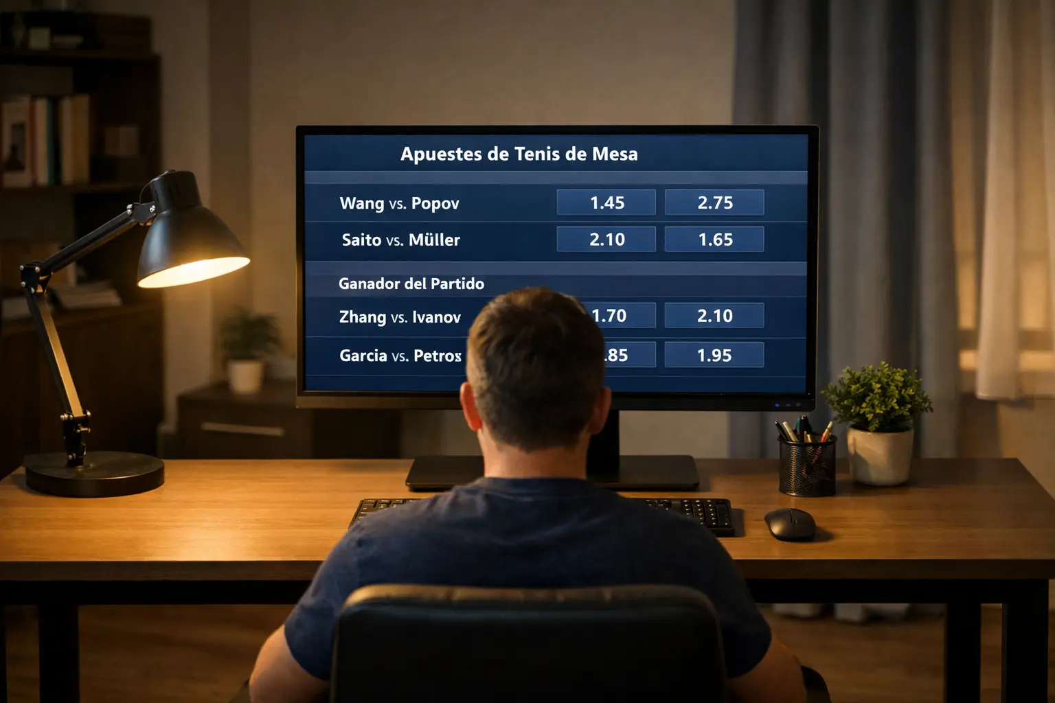 Pantalla mostrando cuotas moneyline de partido de tenis de mesa