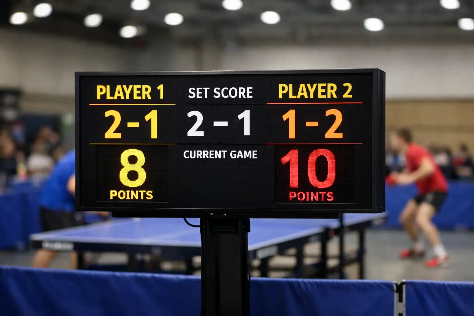 Tablero de resultados con marcador de sets en torneo de ping pong