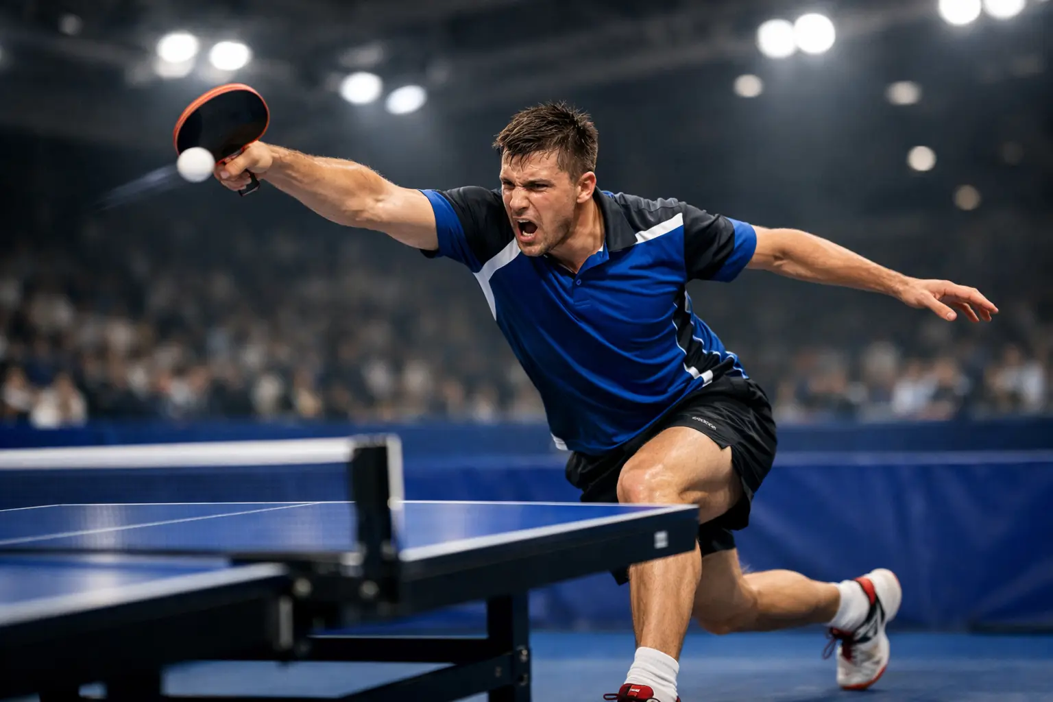 Jugador de tenis de mesa ejecutando smash durante partido intenso