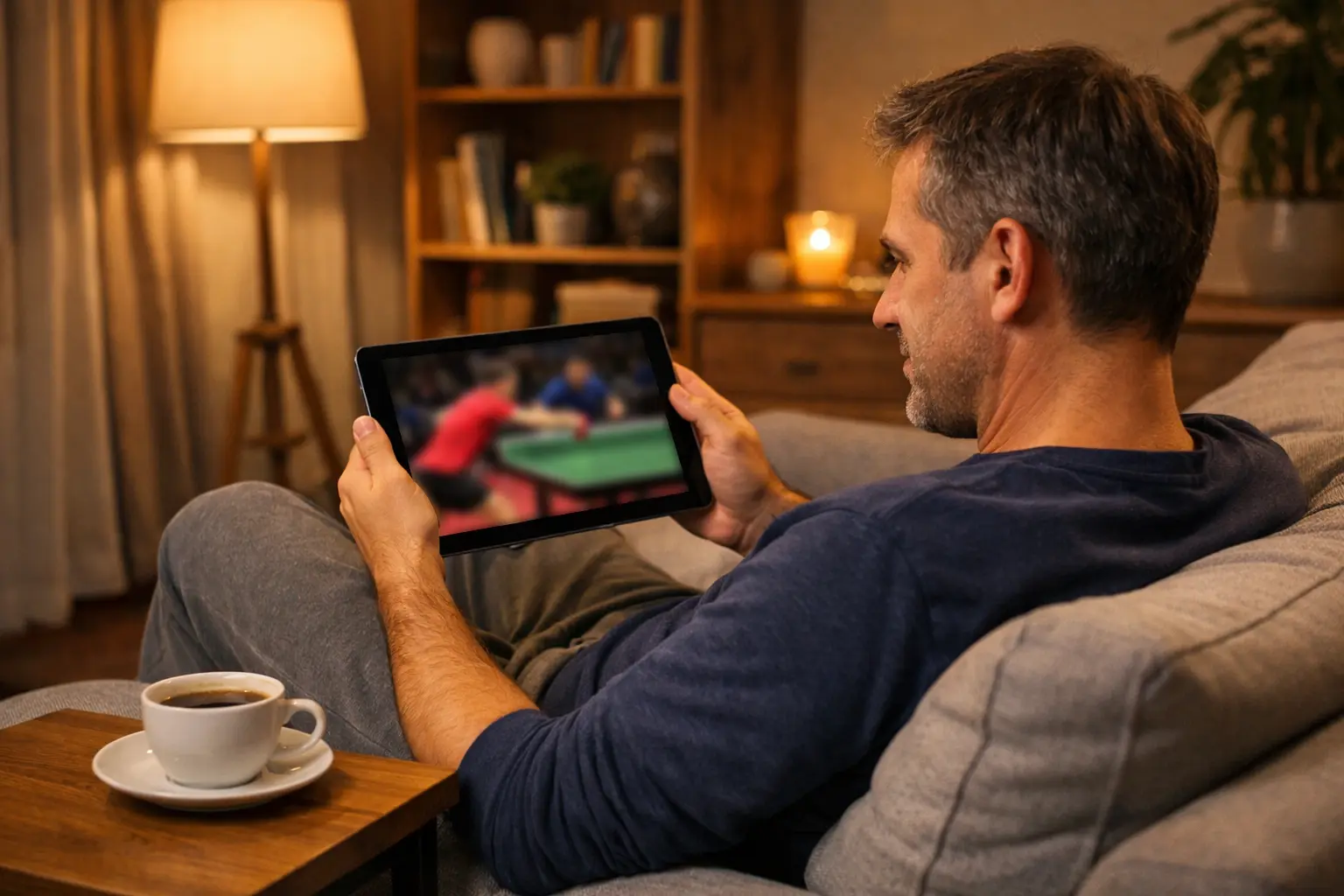 Persona viendo partido de ping pong en directo para apuestas live