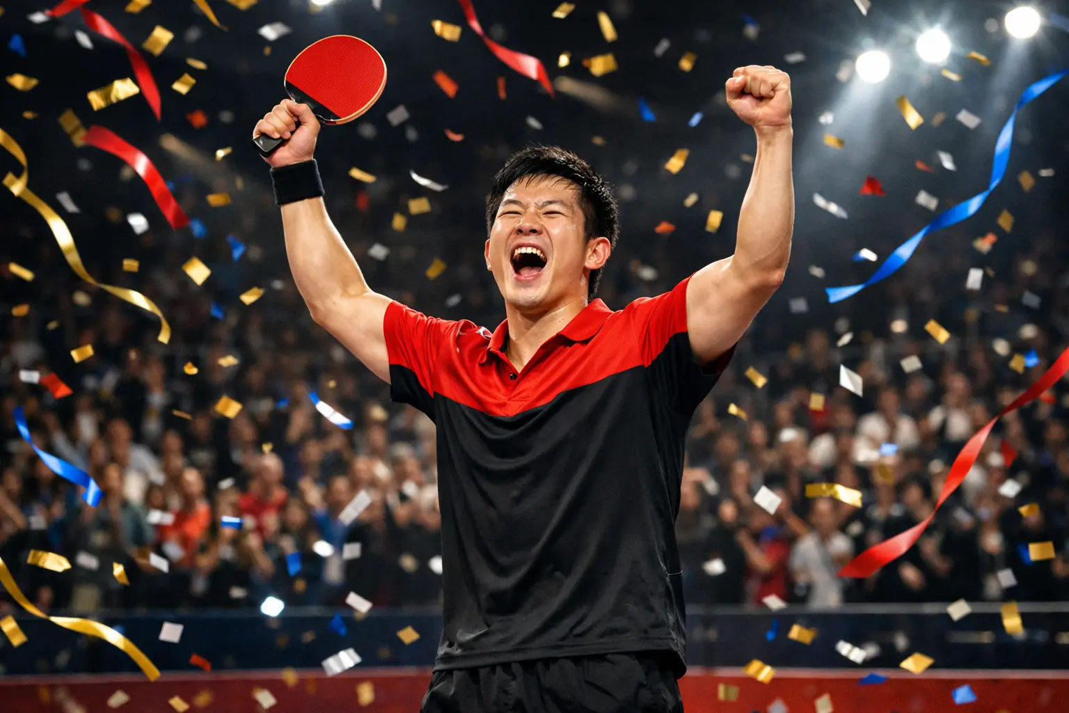 Estrella del tenis de mesa celebrando victoria en torneo profesional