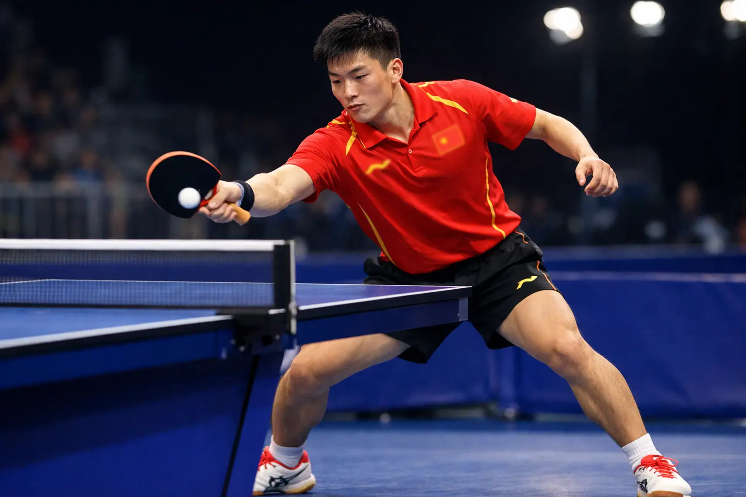 Jugador chino de &eacute;lite ejecutando golpe de derecha en competici&oacute;n
