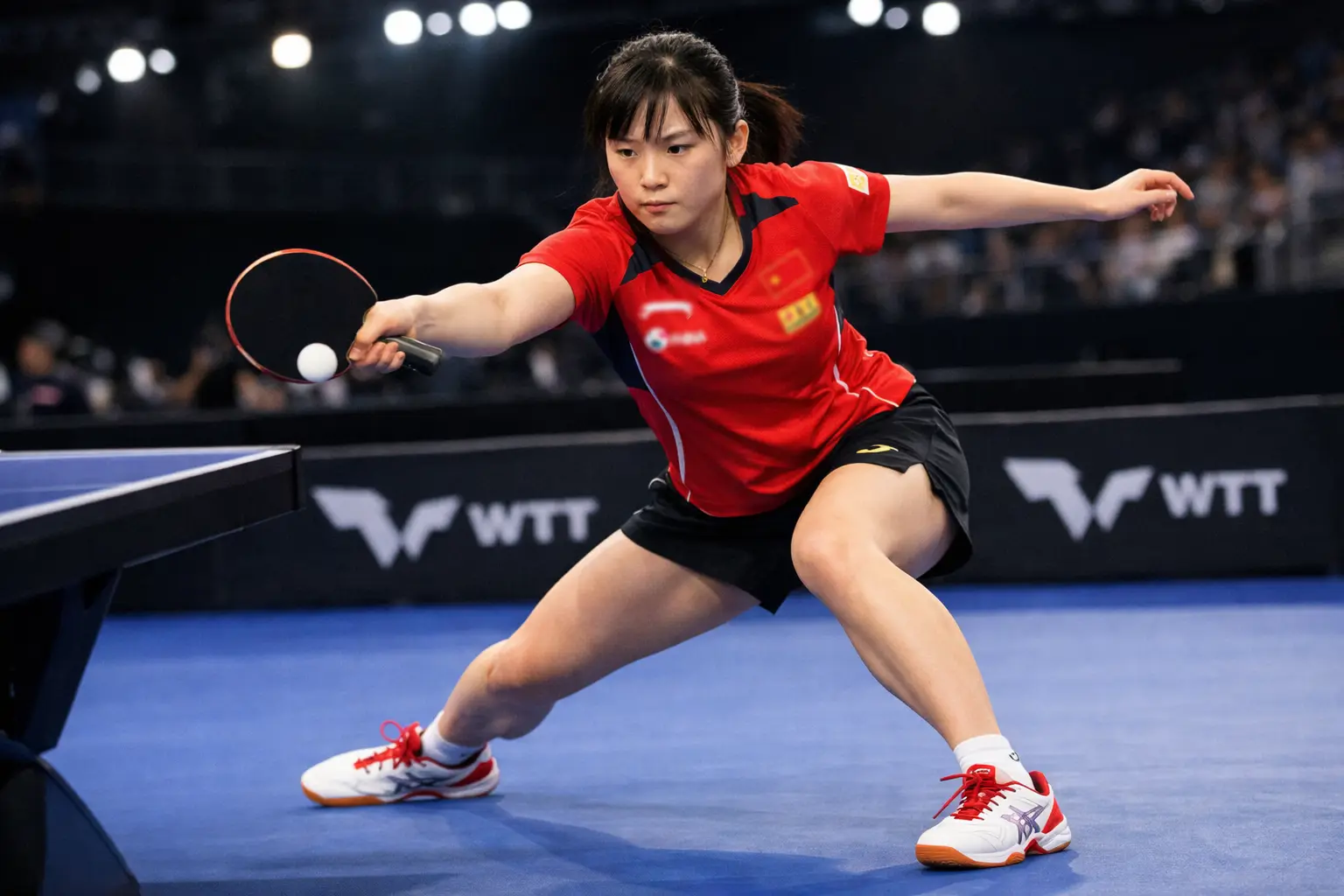 Jugadora profesional de tenis de mesa en acci&oacute;n durante partido
