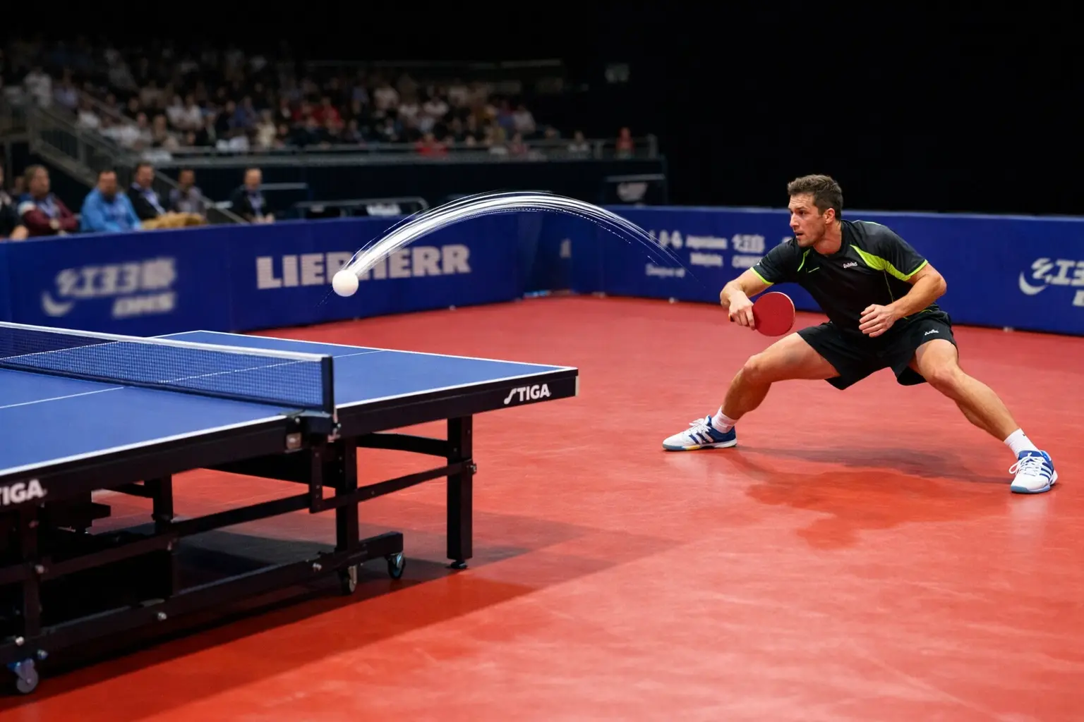 Jugador defensivo de ping pong devolviendo pelota con efecto
