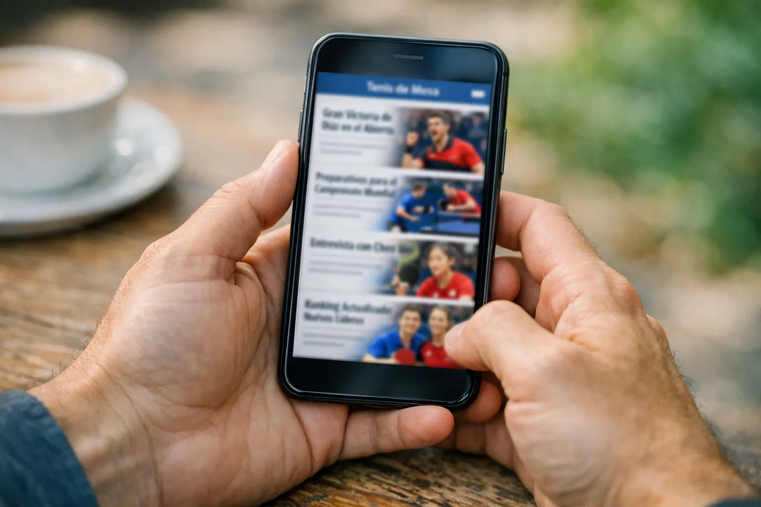 Aficionado siguiendo noticias de jugadores de tenis de mesa en m&oacute;vil