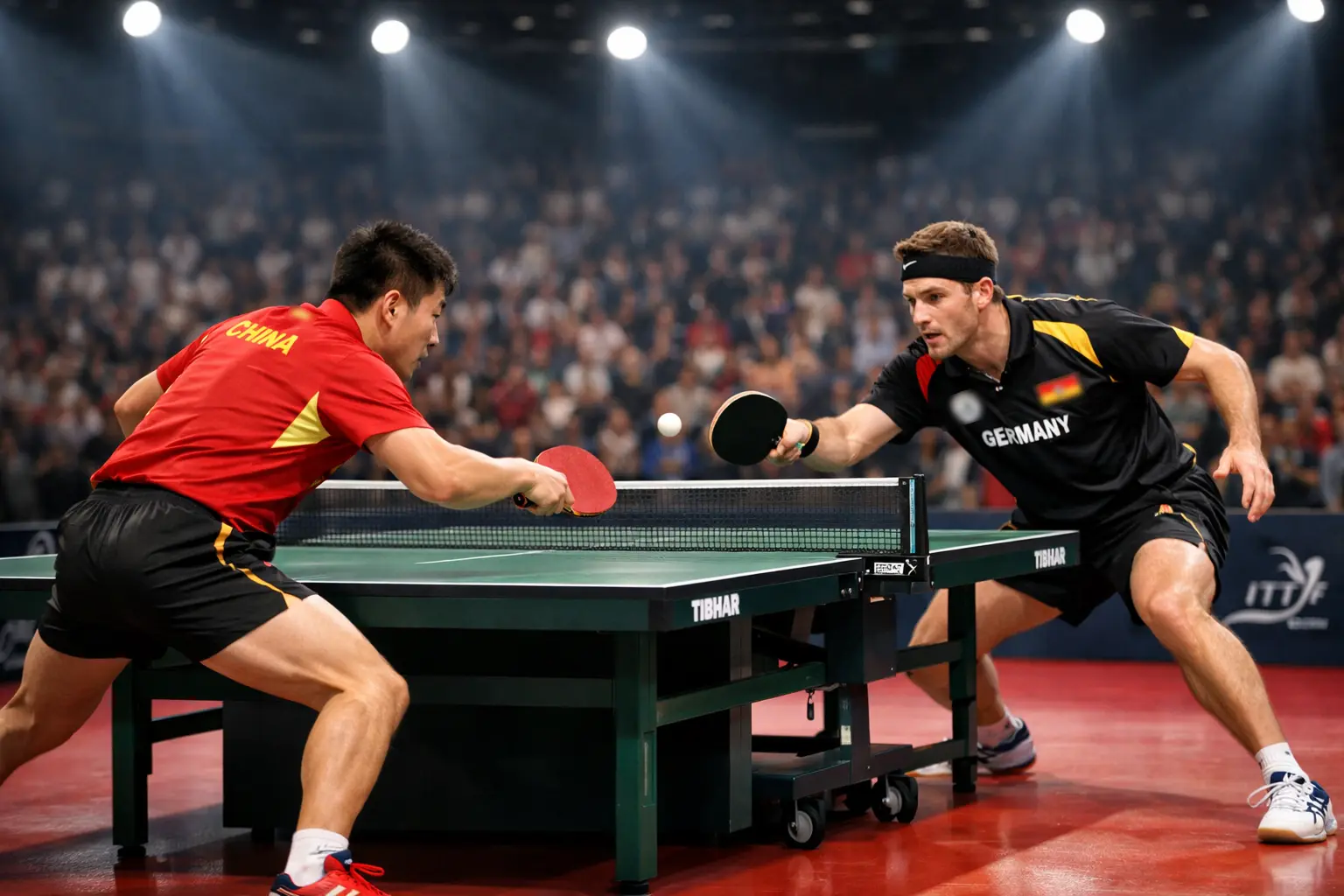 Competición internacional de tenis de mesa con jugadores profesionales en acción
