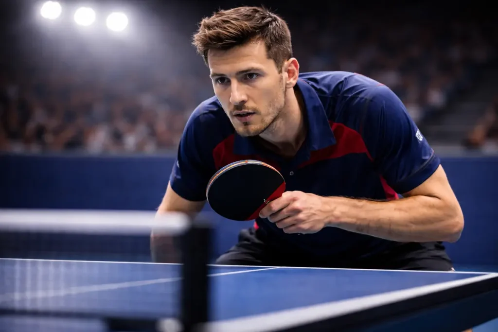 Primer plano de un jugador de tenis de mesa analizando a su rival antes del saque