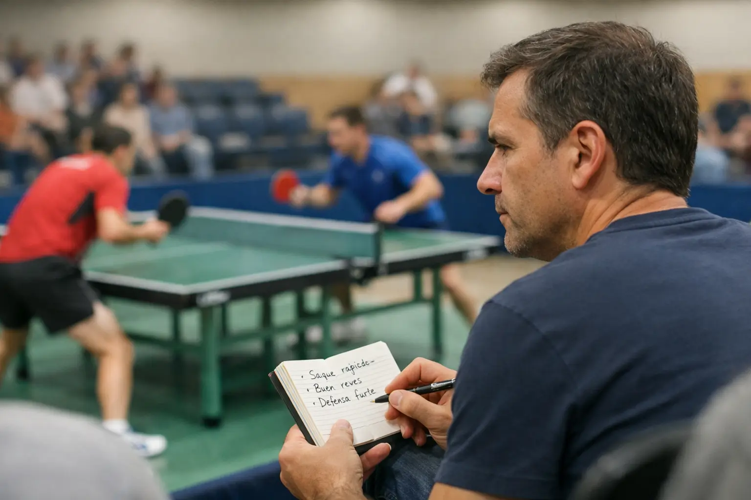 Espectador observando atentamente partido de tenis de mesa tomando notas