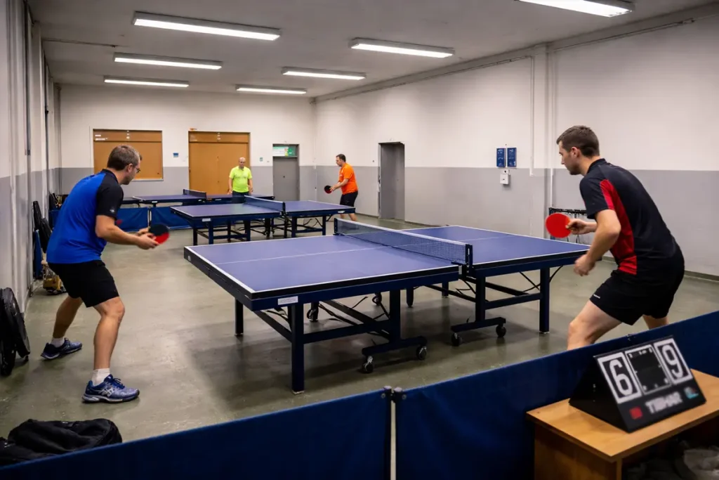 Sala de tenis de mesa de la Liga Pro Checa con varias mesas en activo
