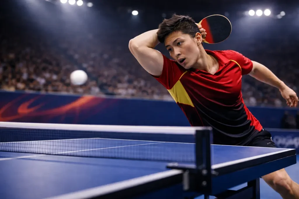 Jugador asiático de tenis de mesa ejecutando un topspin potente en competición