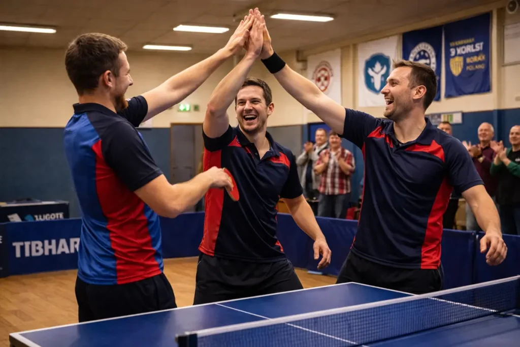 Equipo de tenis de mesa celebrando una victoria en una liga europea de clubes