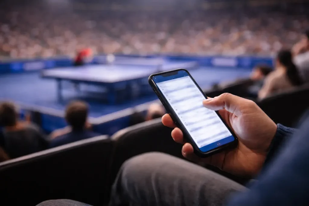 Persona usando un teléfono móvil con una pantalla de apuestas deportivas en un partido