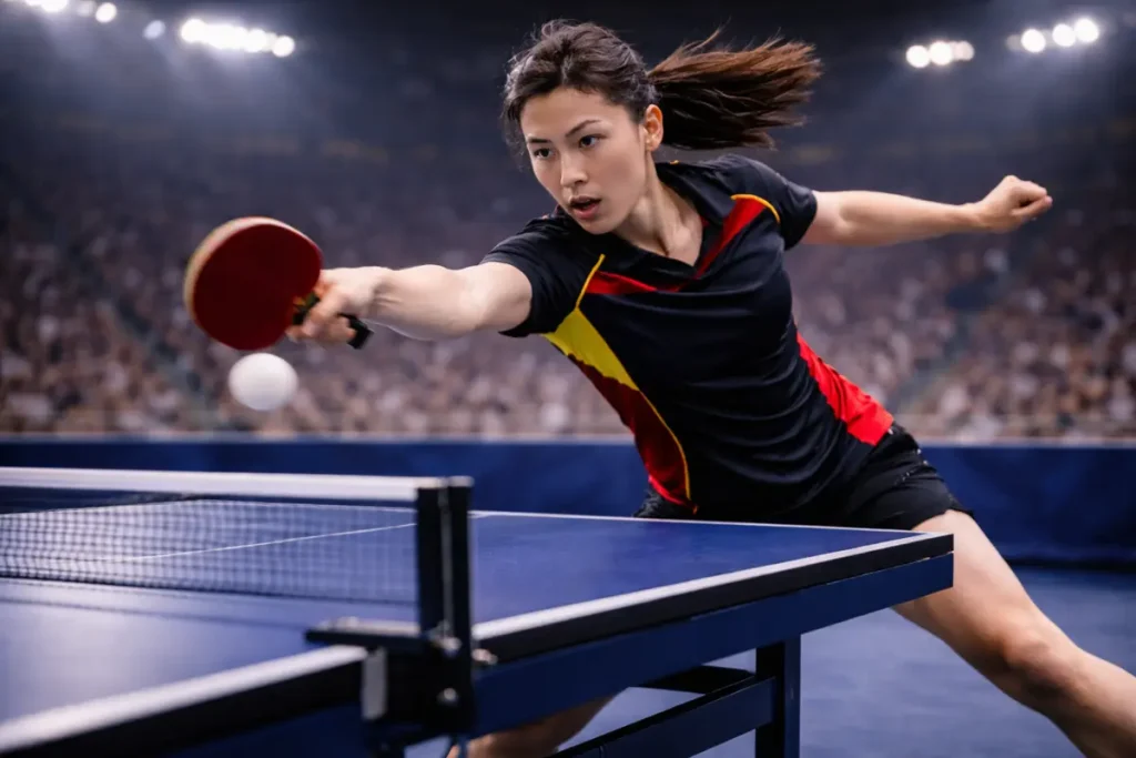 Jugadora profesional de tenis de mesa femenino ejecutando un revés en competición