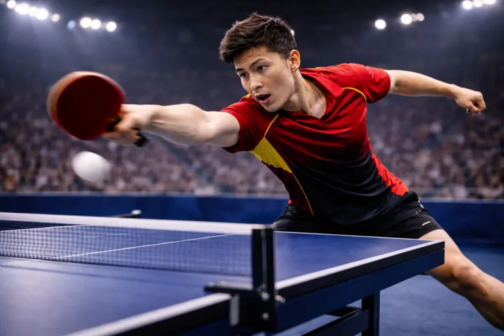 Jugador profesional de tenis de mesa masculino en posición de ataque junto a la mesa