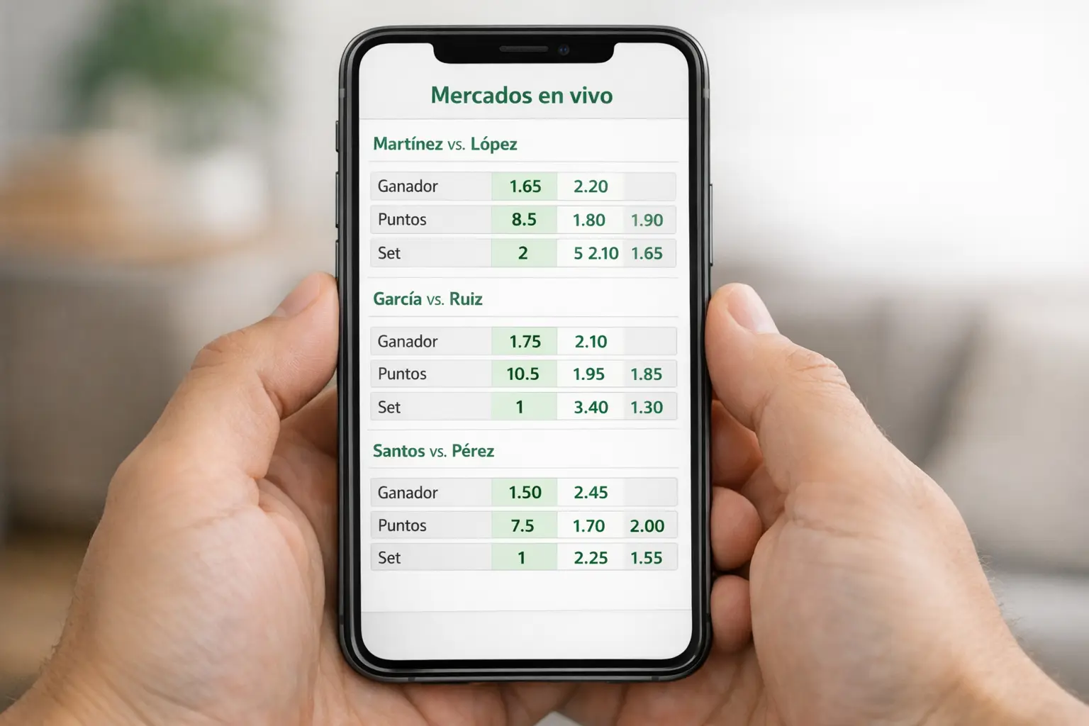 Persona consultando opciones de apuestas en vivo en dispositivo m&oacute;vil