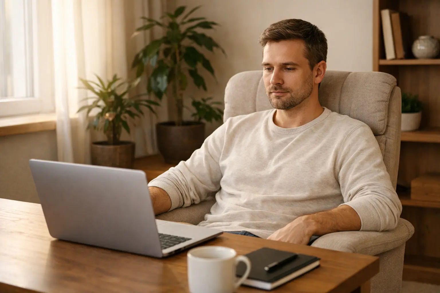 Apostador concentrado analizando informaci&oacute;n en ambiente tranquilo