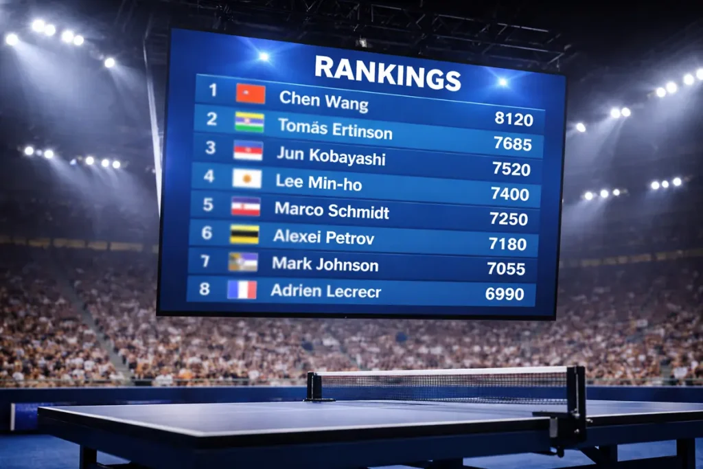 Tabla de clasificación del ranking ITTF mostrada en una pantalla LED de un torneo