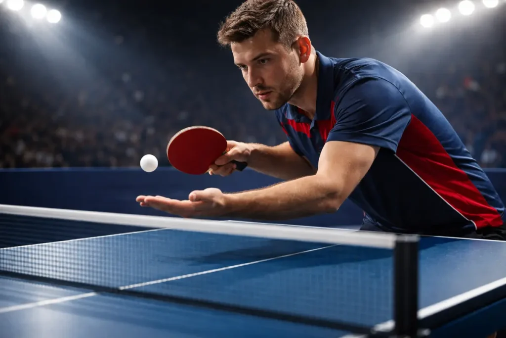 Jugador de tenis de mesa realizando un saque en una mesa profesional azul