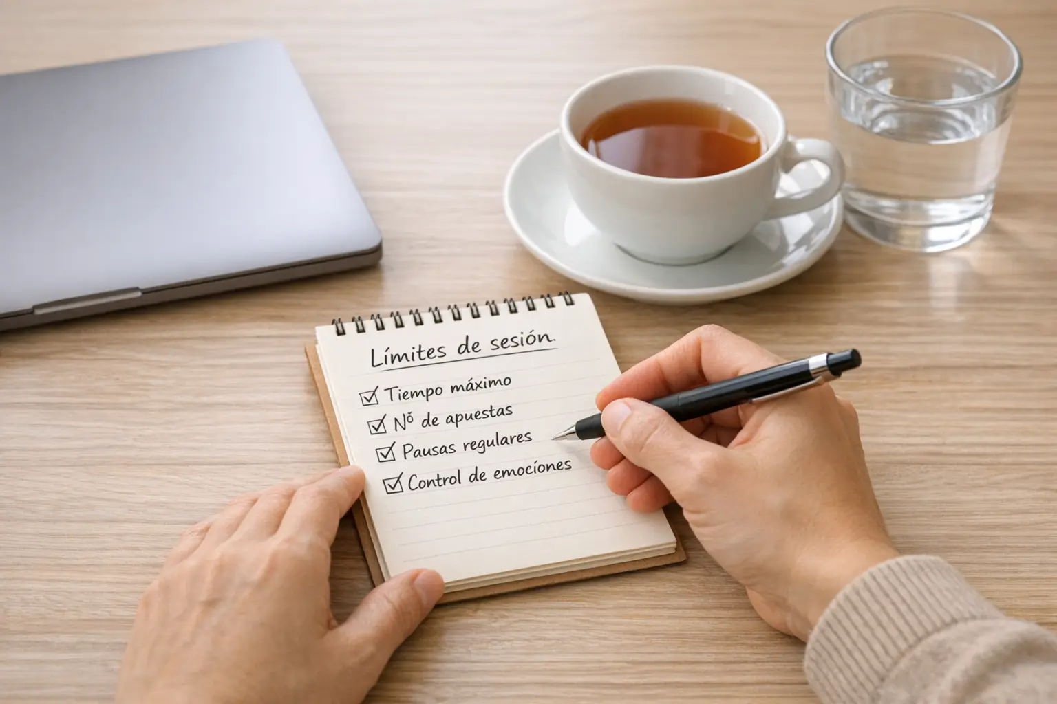 Apostador estableciendo l&iacute;mites de sesi&oacute;n en libreta antes de comenzar