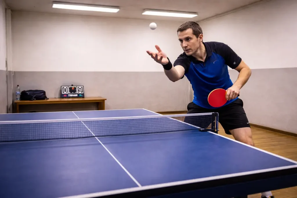 Jugador de tenis de mesa en un club local compitiendo en una liga semi-profesional