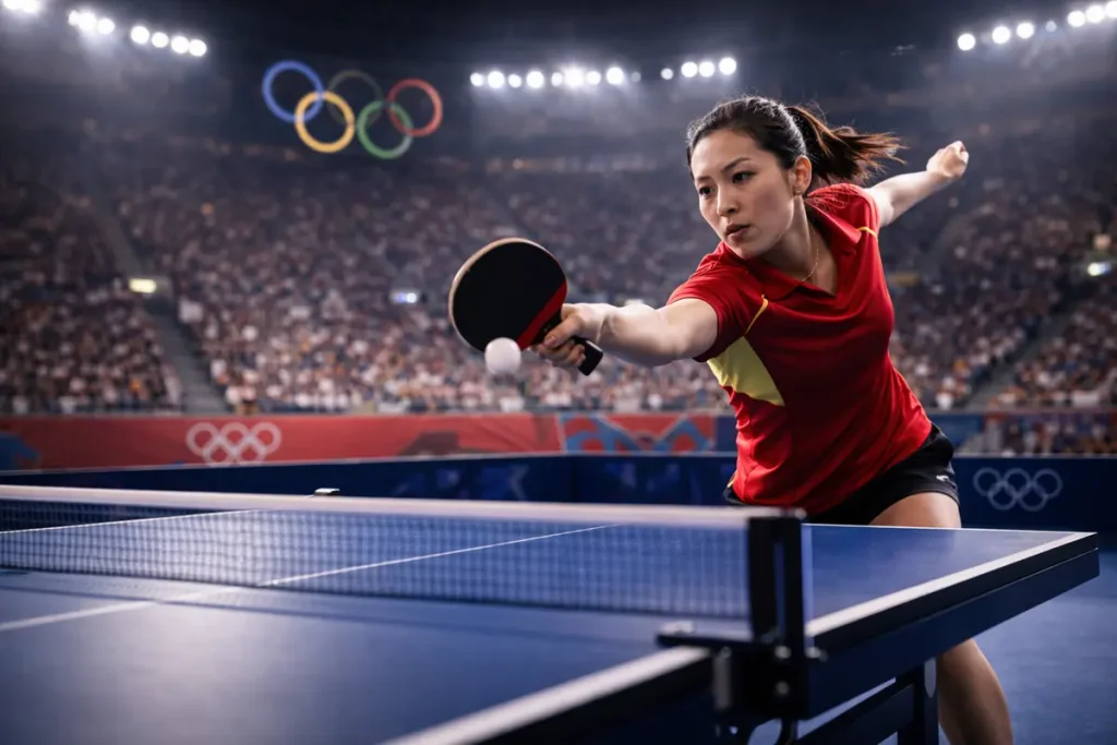 Jugadora de tenis de mesa compitiendo en un estadio olímpico con gradas llenas