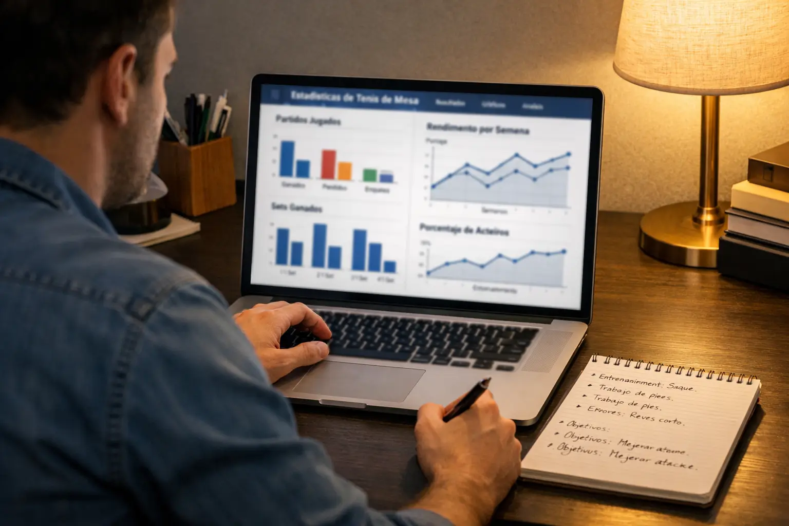 Persona analizando estadísticas de partidos de tenis de mesa en ordenador portátil