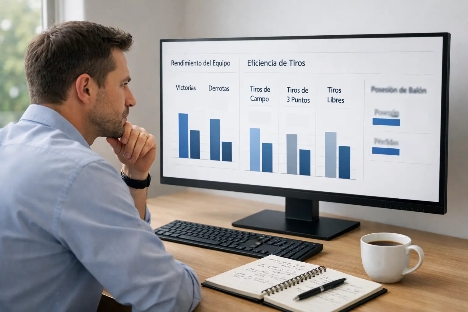 Analista revisando estad&iacute;sticas de partidos de ping pong en pantalla de ordenador